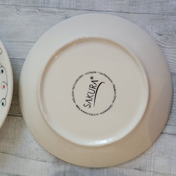 Set Of 4 Sakura Holiday Patchwork Dessert Plates With Reindeer Design 8.25" Cera - Picture 5 of 7
